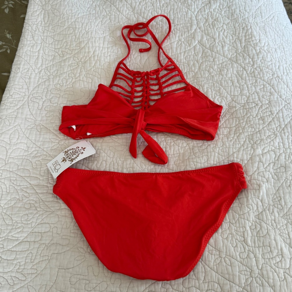 BECCA Red Macrame Cage Halter Bikini Set Medium Y2K Resort Swimsuit NWT - Picture 2 of 5